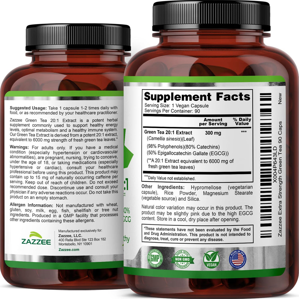 Zazzee Green Tea Extract vegan capsules ready for daily wellness.