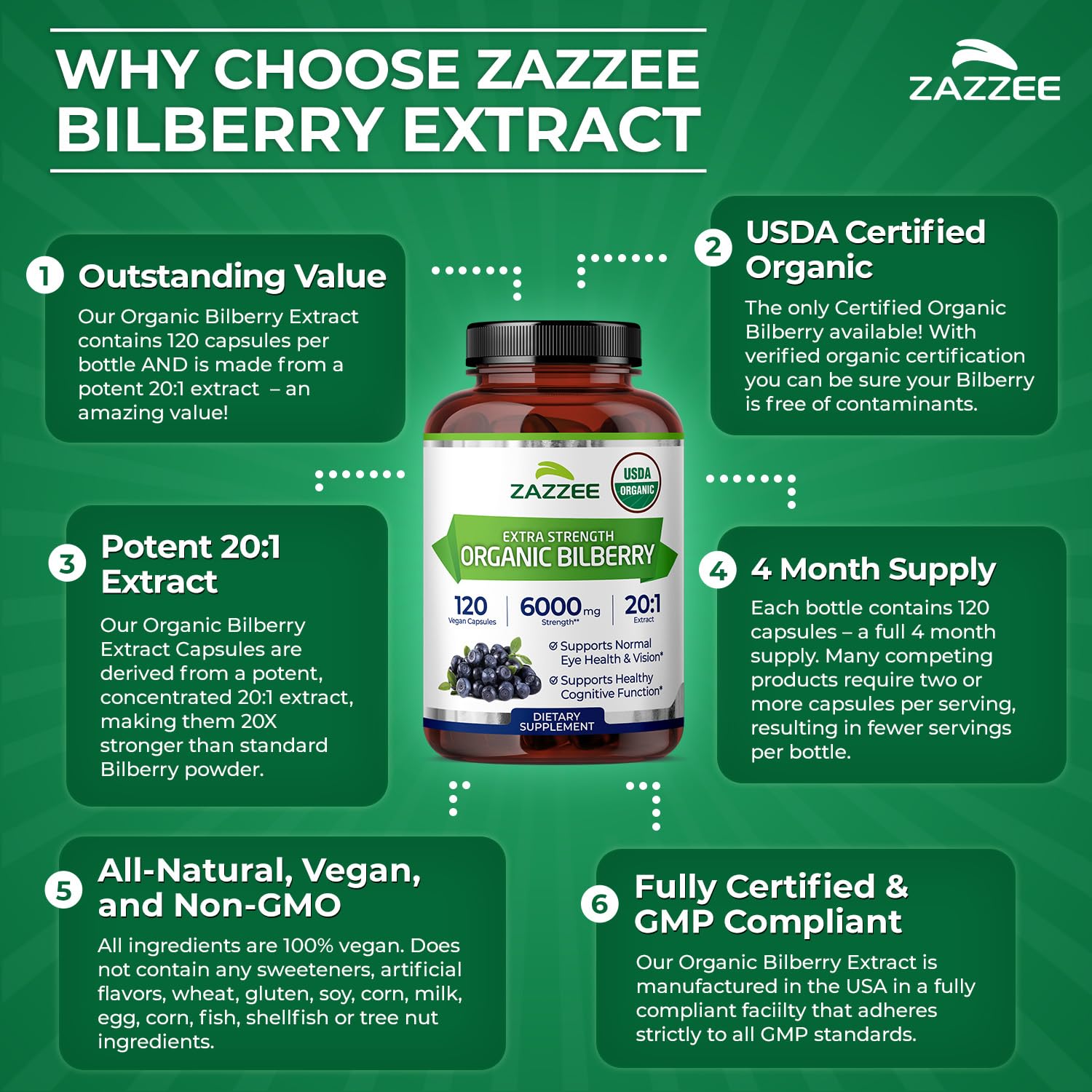Zazzee bilberry ingredient label featuring organic stabilizers for stability.