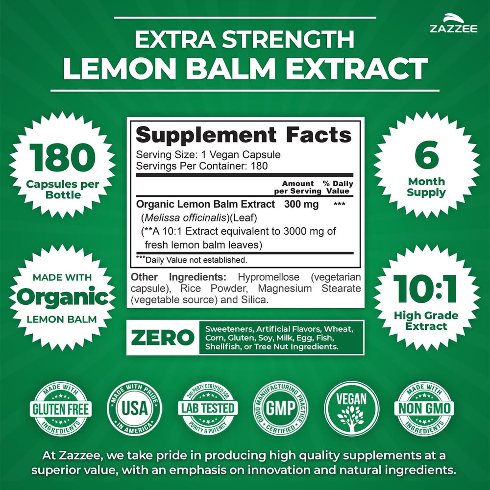 Zazzee Lemon Balm capsules inside container for easy daily use