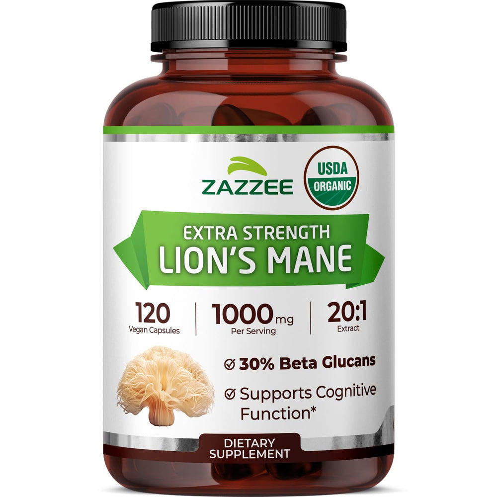 Zazzee Lion's Mane extract bottle highlights 20:1 potency and 1000 mg per serving for focus.