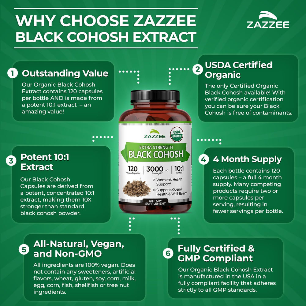 USA-made emblem on Zazzee Black Cohosh packaging emphasizing trusted production.