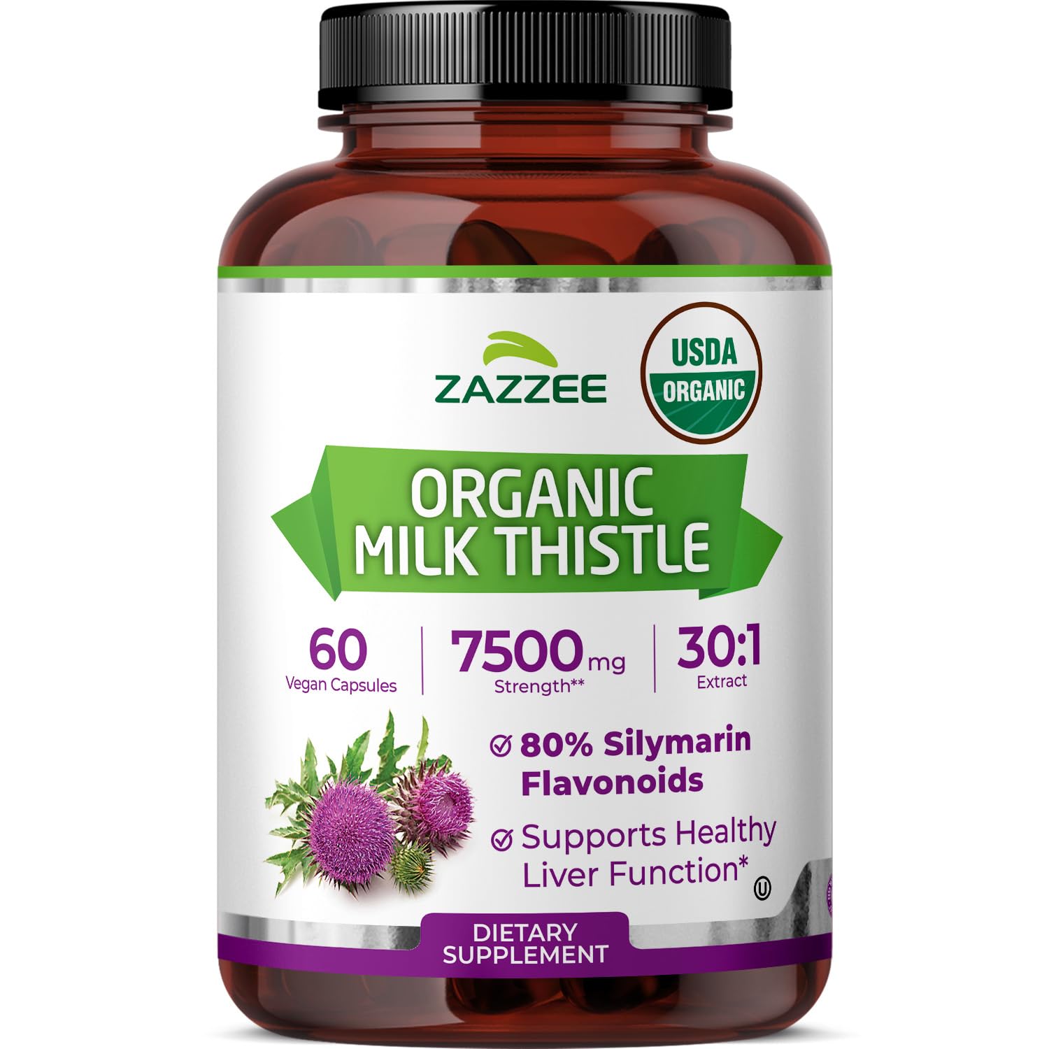 Zazzee Milk Thistle 30to1 extract bottle highlights high potency and value.