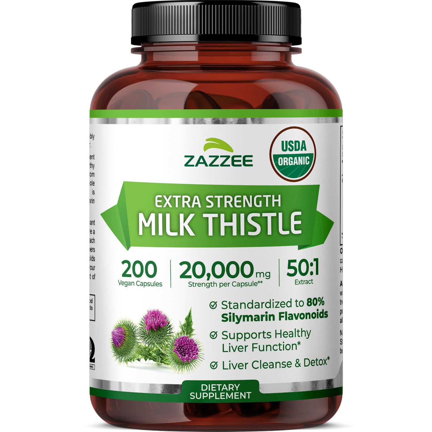 Zazzee Milk Thistle 50:1 extract bottle for liver support.