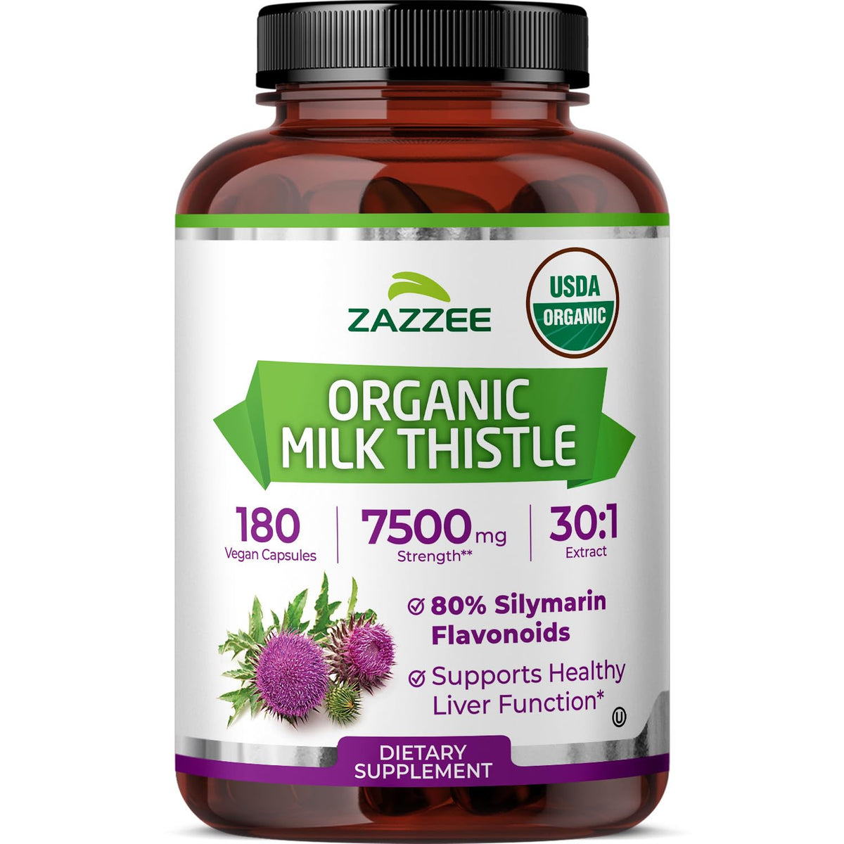 Zazzee Milk Thistle bottle shows 30:1 extract for potent liver support.