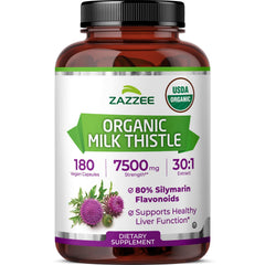 Zazzee Milk Thistle bottle shows 30:1 extract for potent liver support.
