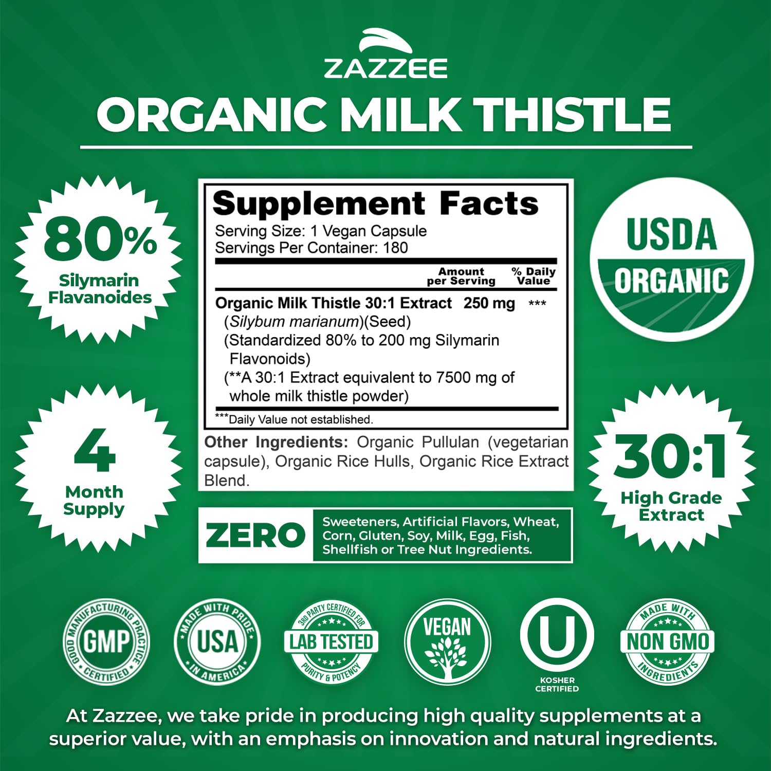 Zazzee milk thistle capsules image displays 180-count vegan bottle for long-term use.