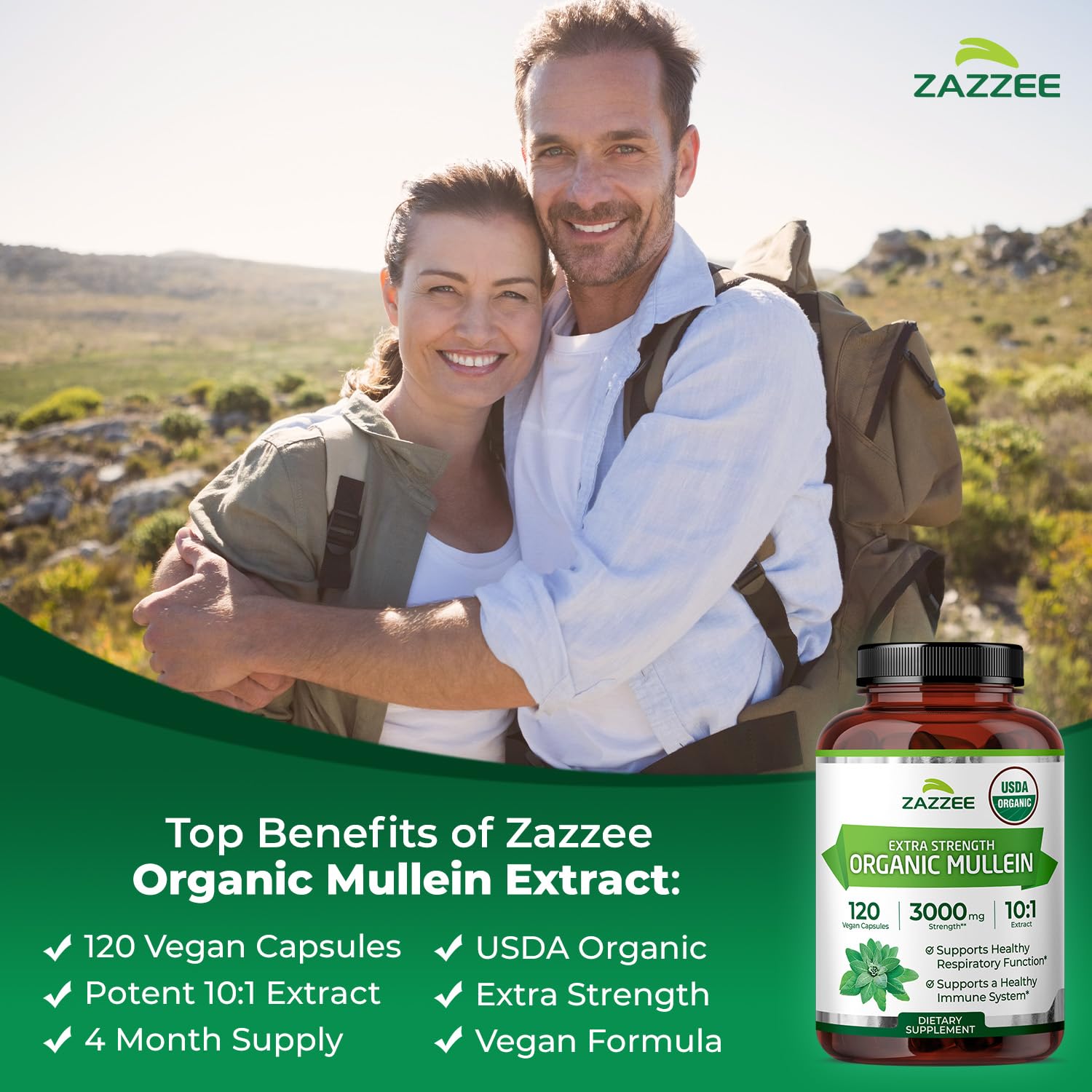 Zazzee Mullein Leaf 10:1 Extract Made in USA seal on bottle label.
