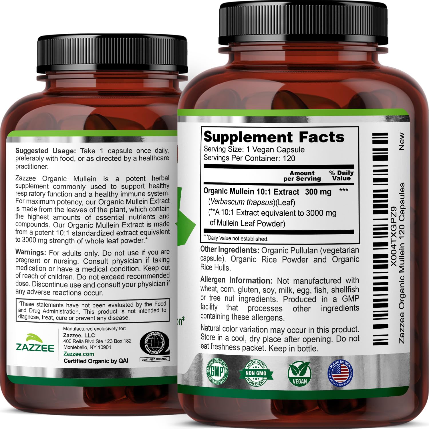 Label detail on Zazzee Mullein Leaf 10:1 Extract emphasizing purity.