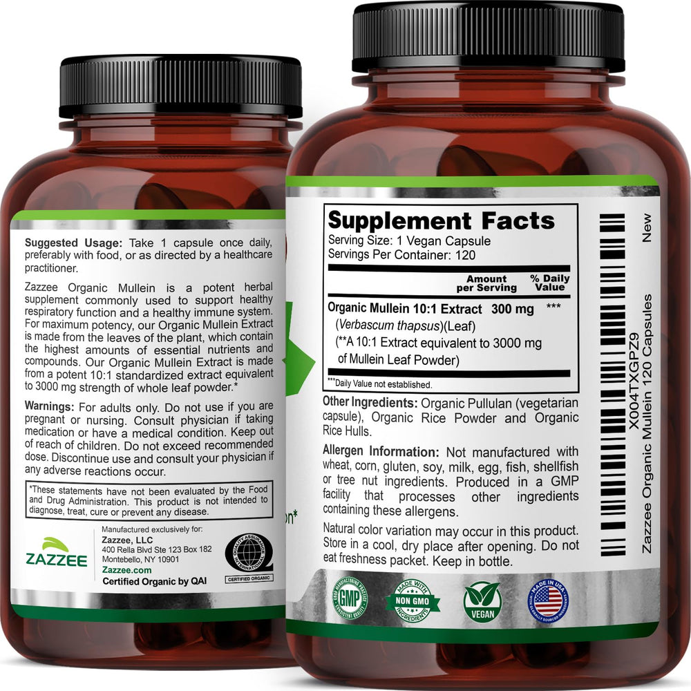 Label detail on Zazzee Mullein Leaf 10:1 Extract emphasizing purity.