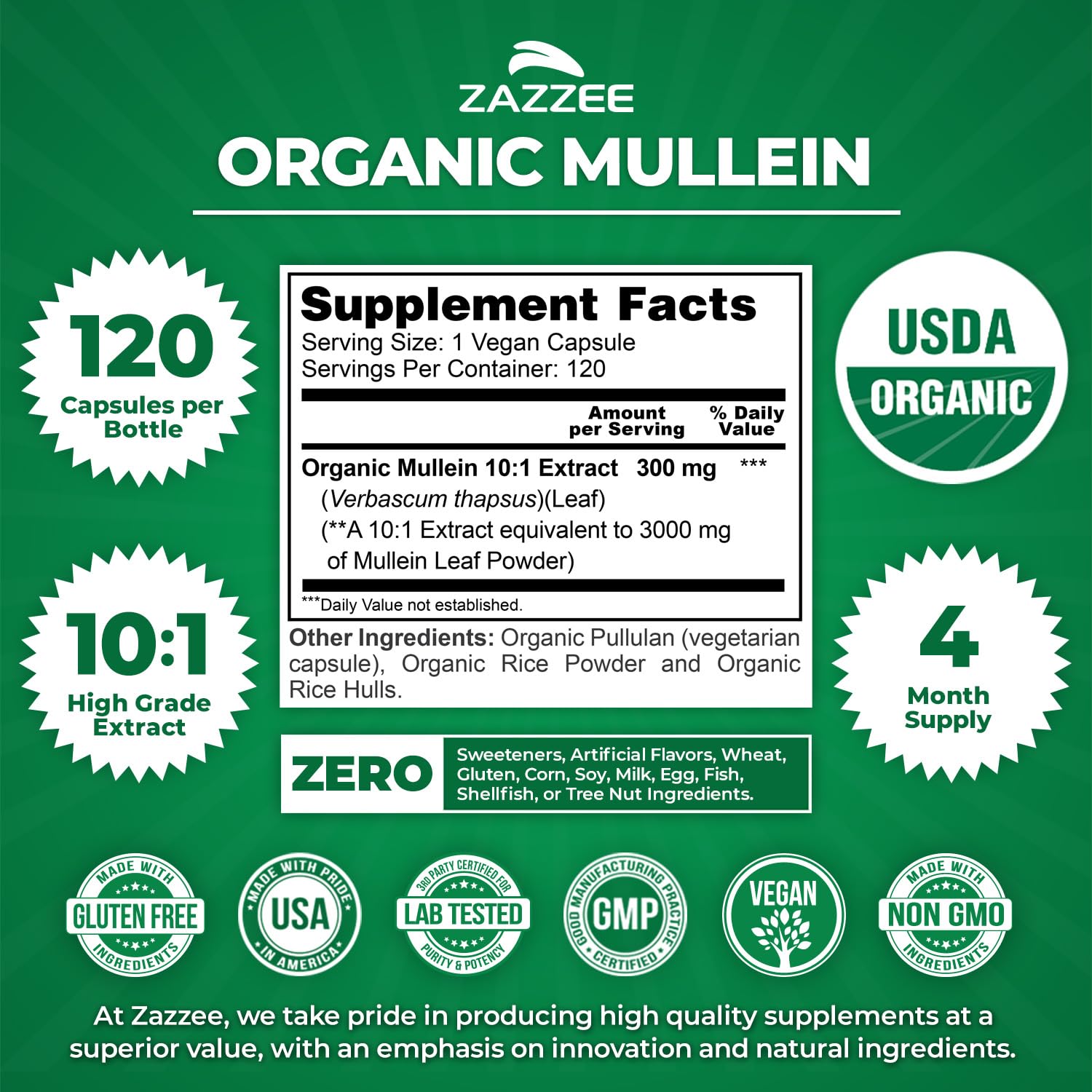 Zazzee Mullein Leaf 10:1 Extract USDA Organic certification label on bottle.