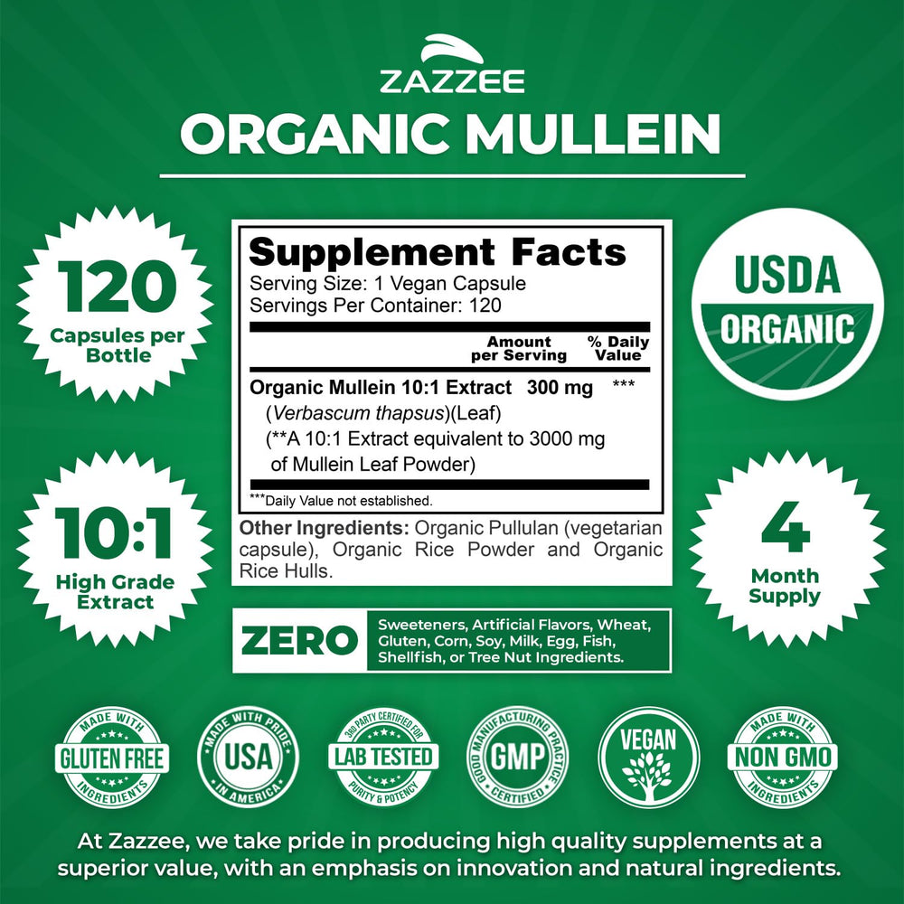 Zazzee Mullein Leaf 10:1 Extract USDA Organic certification label on bottle.