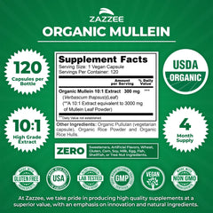 Zazzee Mullein Leaf 10:1 Extract USDA Organic certification label on bottle.