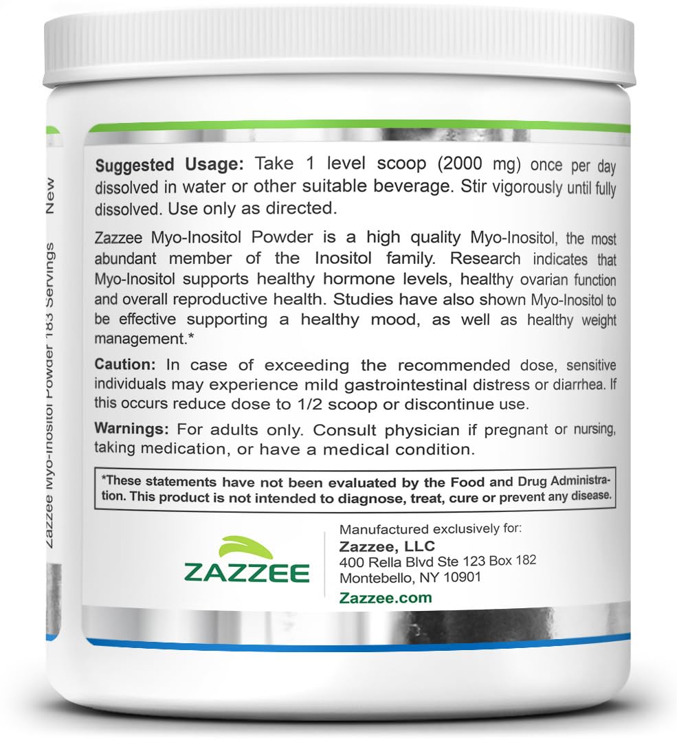 Free scoop shown beside Zazzee Myo-Inositol jar for precise dosing.