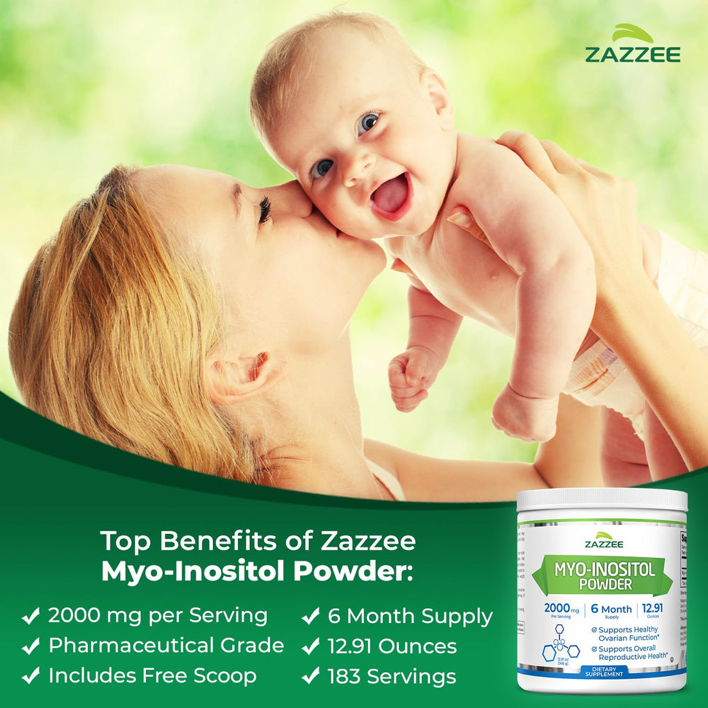 Scoop beside Zazzee Myo-Inositol powder jar shows measured dosage.