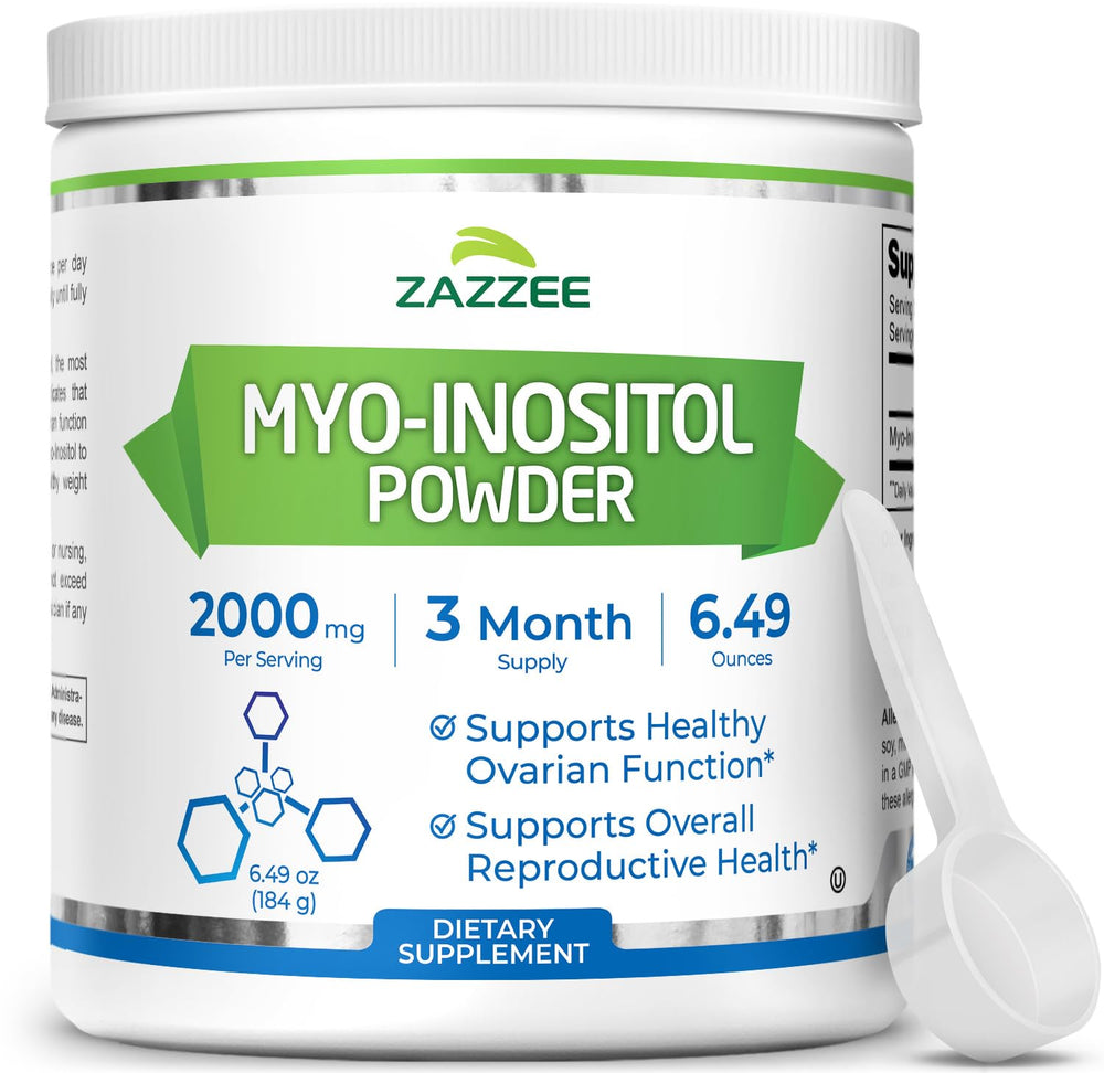 Zazzee Myo-Inositol powder bottle showing 92 servings for convenient reproductive health support.