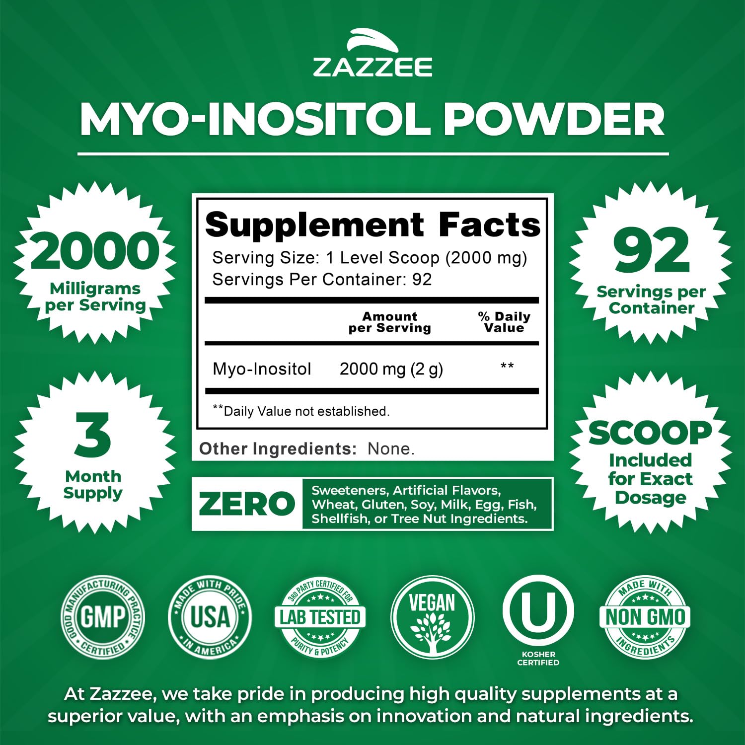 Zazzee Myo-Inositol powder free scoop showing exact 2000 mg dosage.