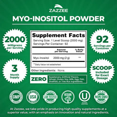 Zazzee Myo-Inositol powder free scoop showing exact 2000 mg dosage.