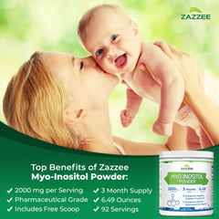Zazzee Myo-Inositol scoop and container illustrate precise 2000 mg serving.