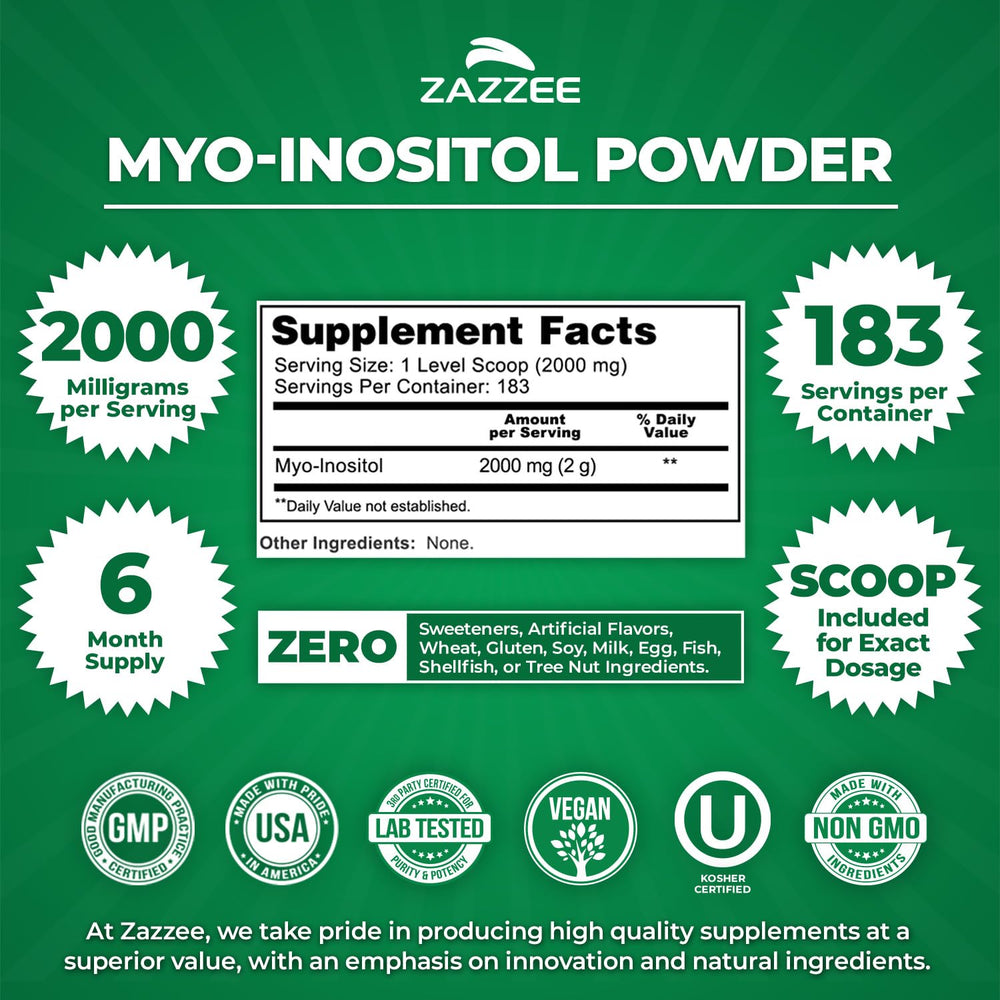 Zazzee Myo-Inositol label highlights a six-month supply for planning.
