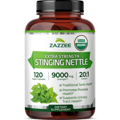 Zazzee nettle extract bottle front with organic seal signaling quality.