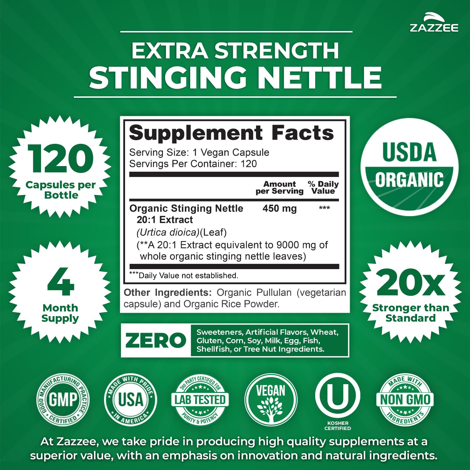 Back label of Zazzee nettle extract showing organic certification details.