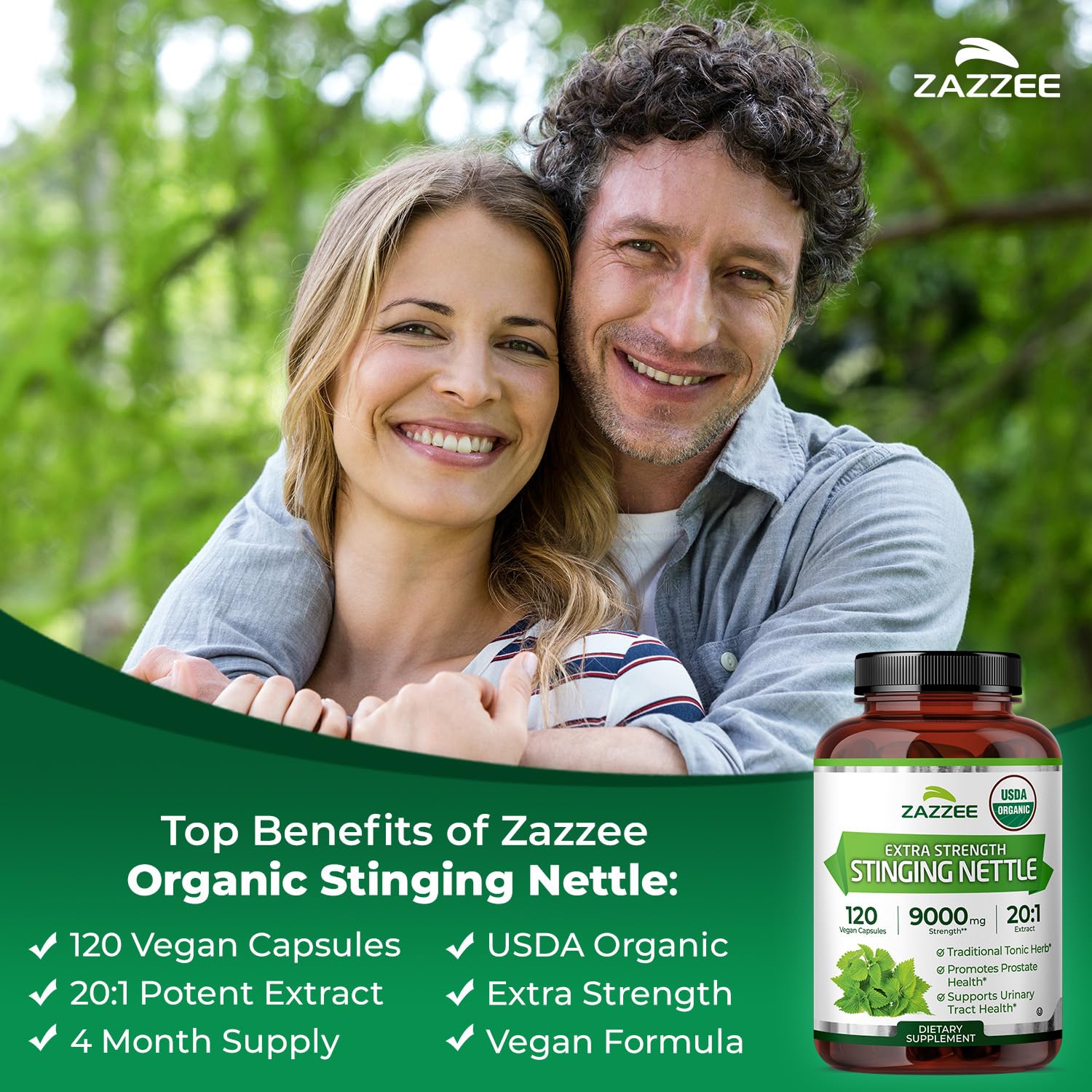 Organic seal on Zazzee nettle extract bottle emphasizing certified organic status.