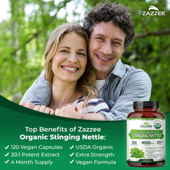 Organic seal on Zazzee nettle extract bottle emphasizing certified organic status.