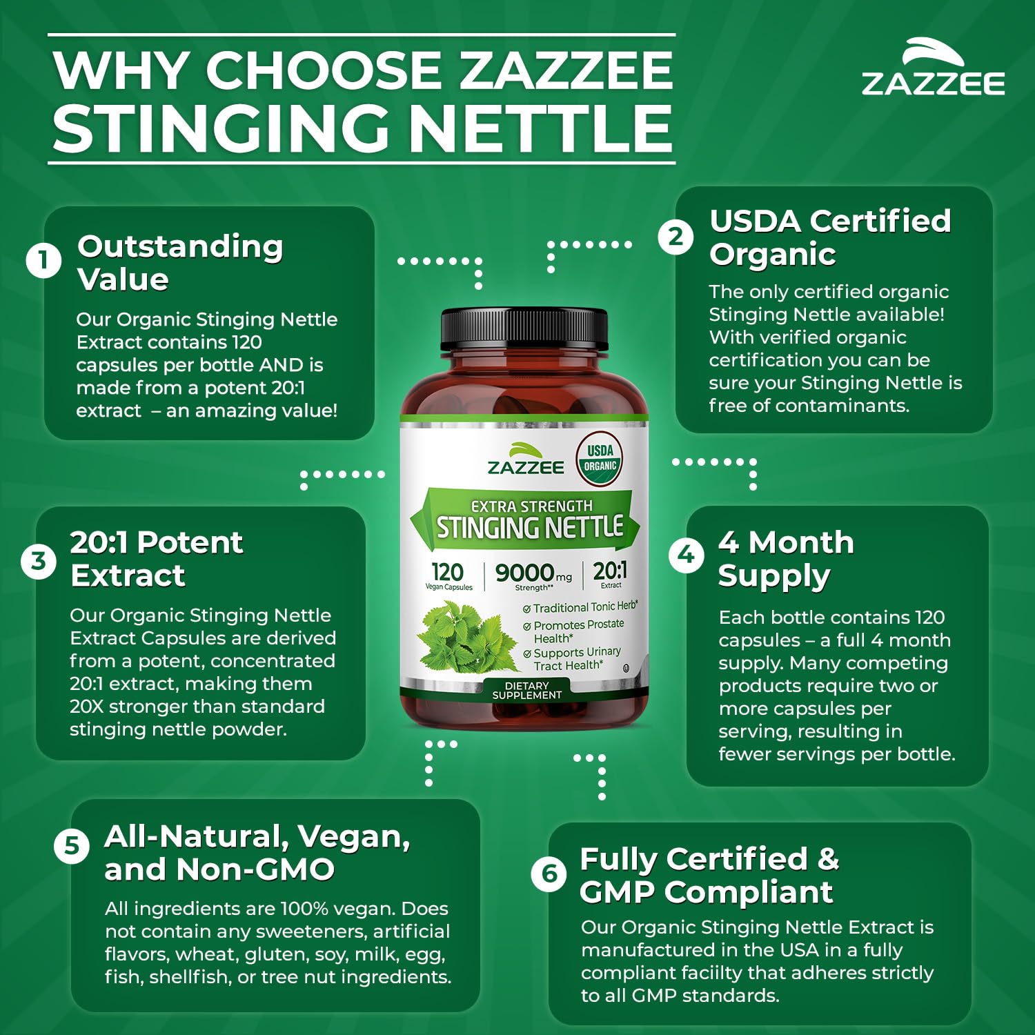 Packaging mockup of Zazzee nettle extract with product details.