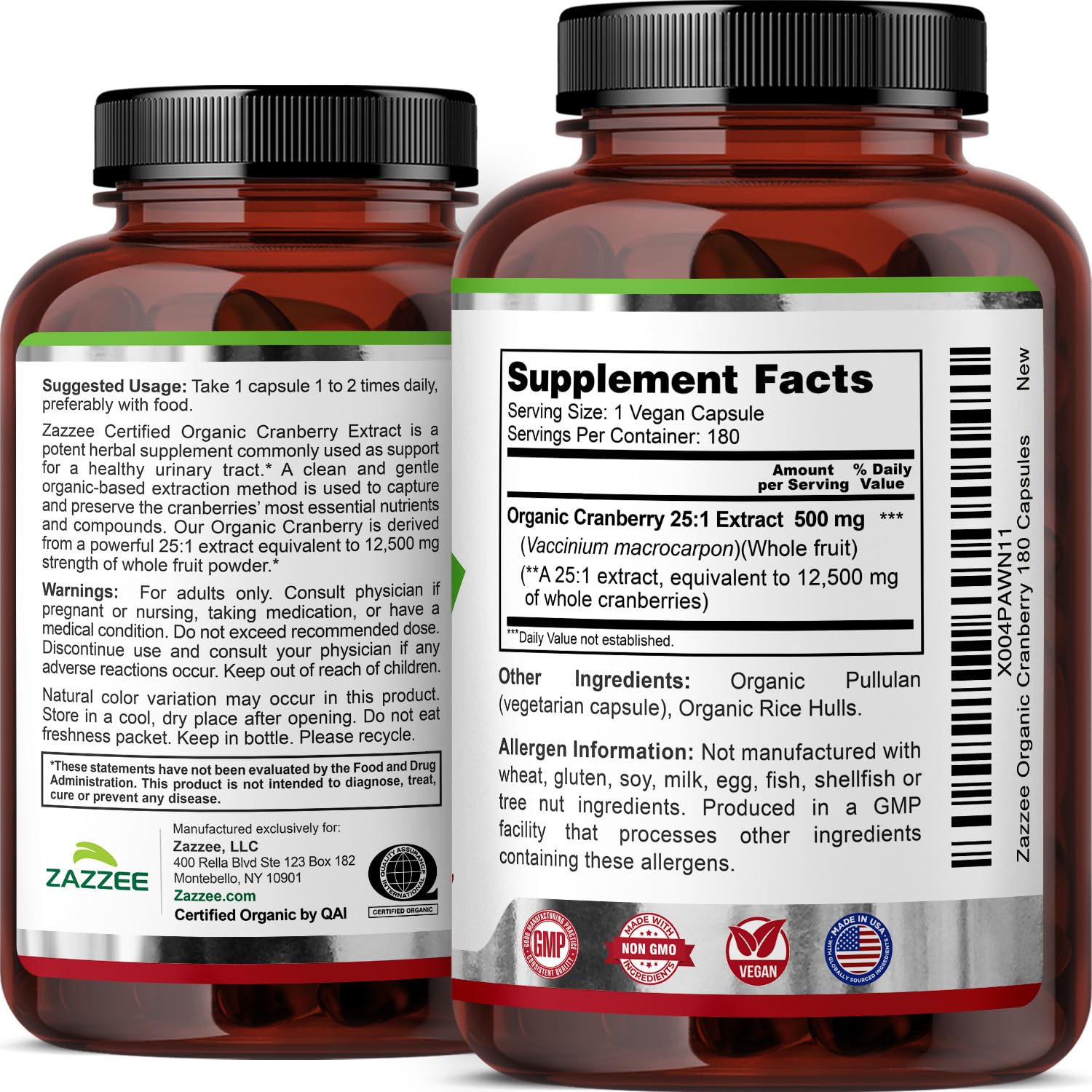 Zazzee non-GMO cranberry capsules with plant-based pullulan shell.