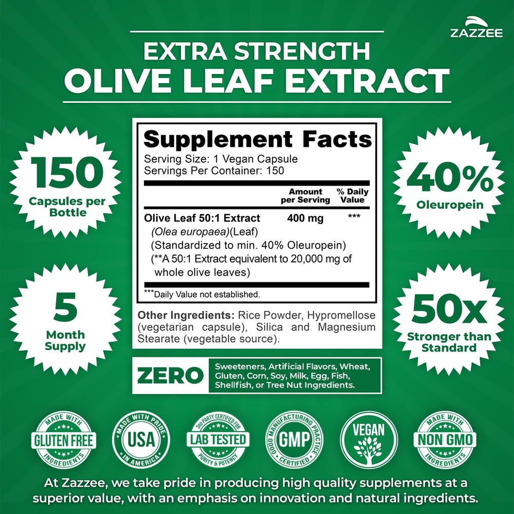 Zazzee olive leaf extract bottle side label communicates vegan, non-GMO formulation.
