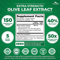 Zazzee olive leaf extract bottle side label communicates vegan, non-GMO formulation.