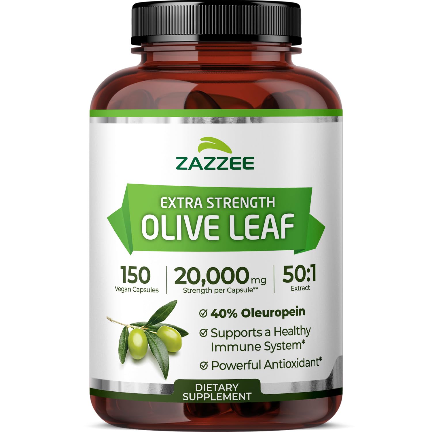Zazzee olive leaf extract bottle front label highlighting 50:1 potency and oleuropein.