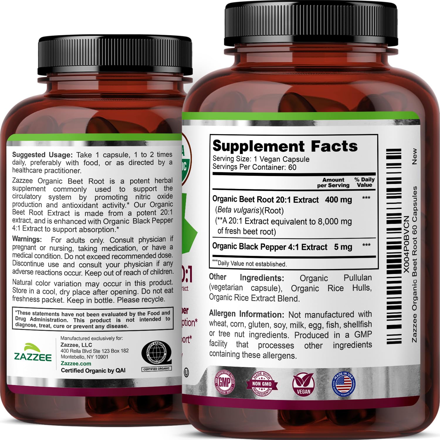 Zazzee Organic Beet Root formula with 60 capsules per bottle.