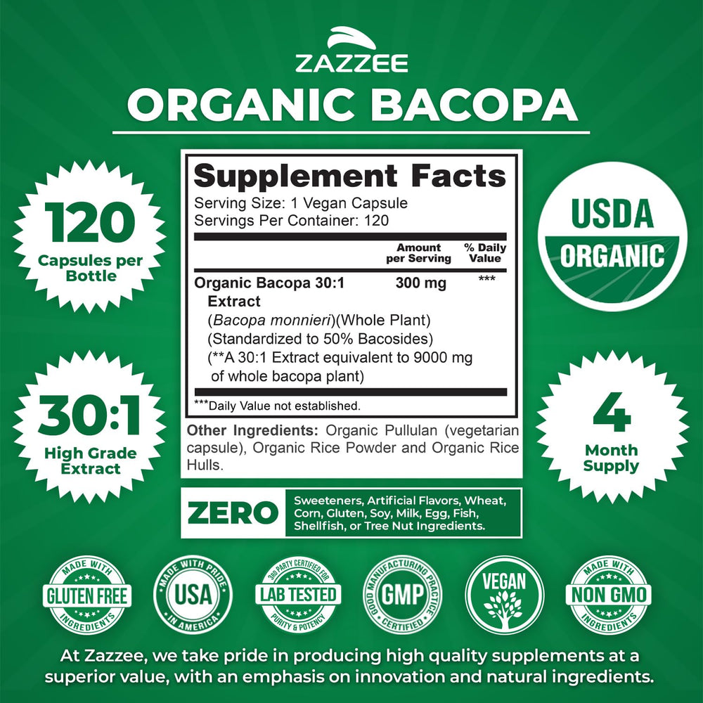 Certified organic logo on Zazzee Bacopa packaging highlights clean ingredients.