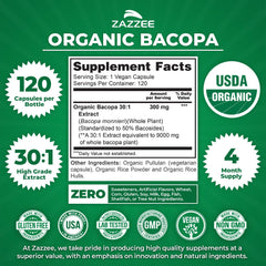 Certified organic logo on Zazzee Bacopa packaging highlights clean ingredients.
