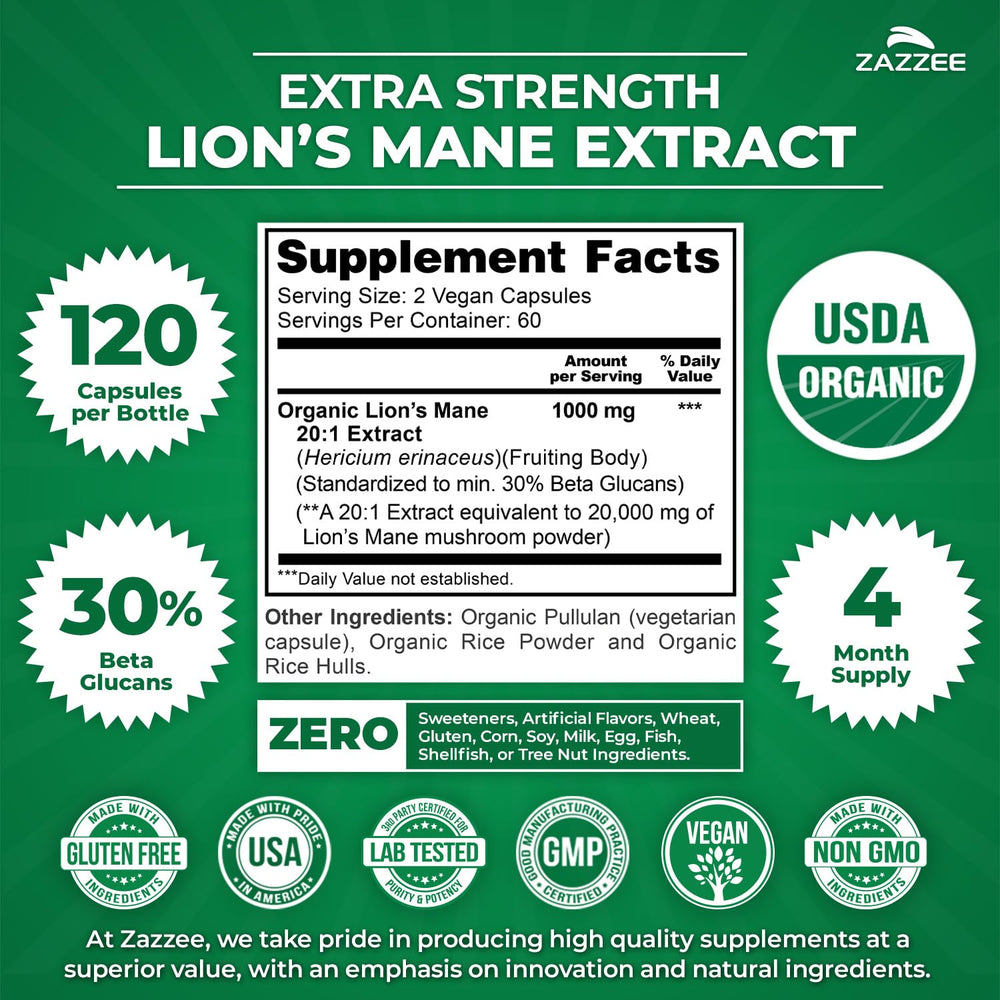 Zazzee 120-capsule bottle demonstrates 60-day supply for ongoing cognitive support.