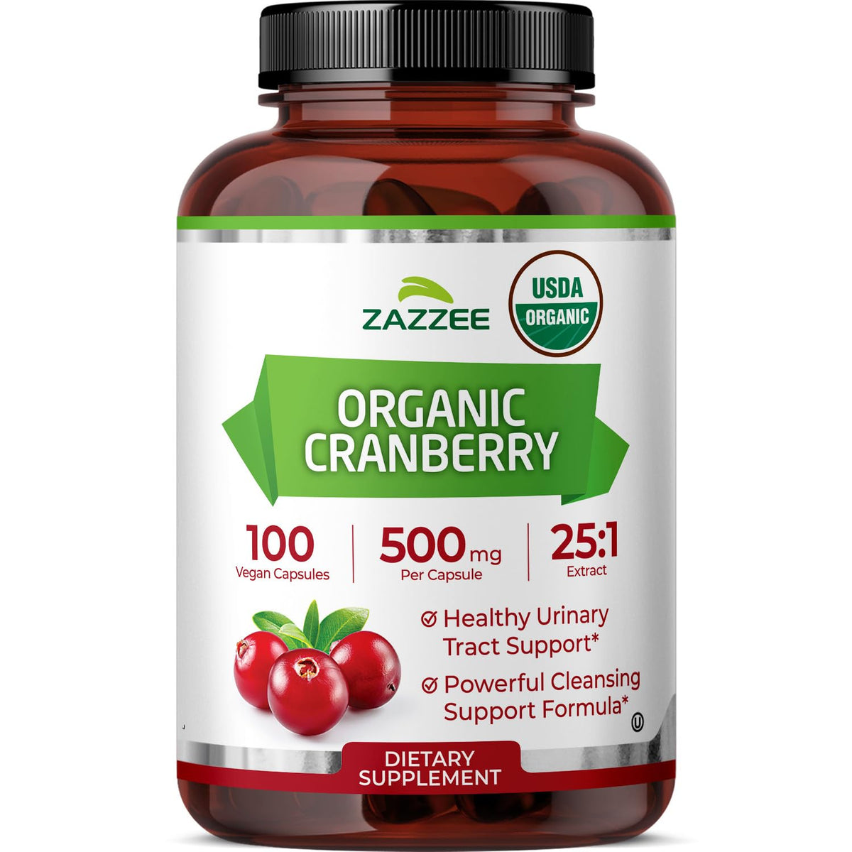 Zazzee Organic Cranberry 25:1 extract bottle, 500 mg capsules for long-term use