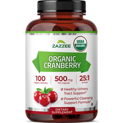 Zazzee Organic Cranberry 25:1 extract bottle, 500 mg capsules for long-term use