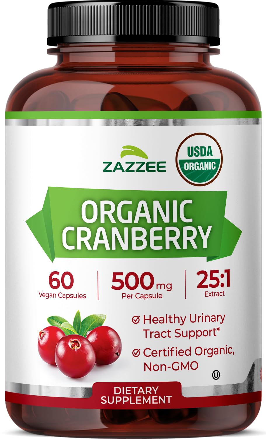 Zazzee Organic Cranberry 25:1 extract bottle signaling strong potency.