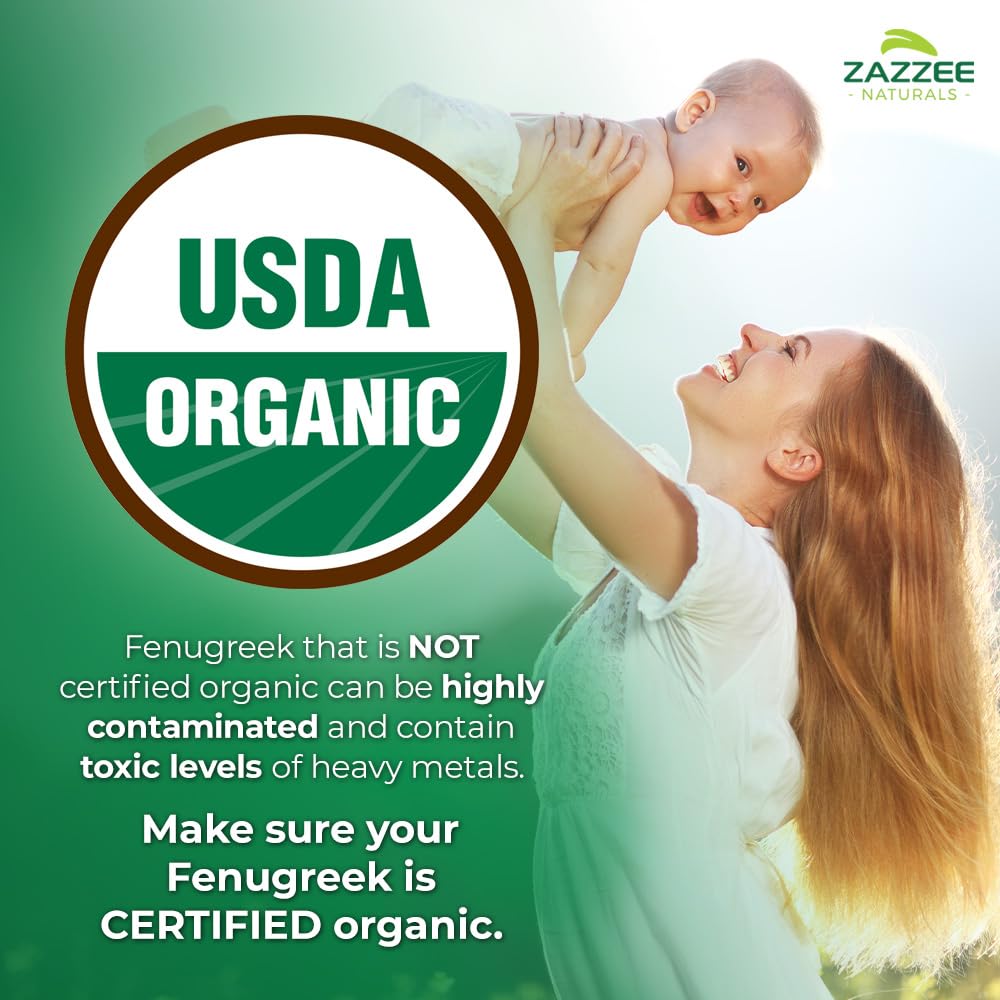 Zazzee organic fenugreek capsules on label highlighting USDA organic certification and vegan formulation.