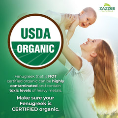 Zazzee organic fenugreek capsules on label highlighting USDA organic certification and vegan formulation.
