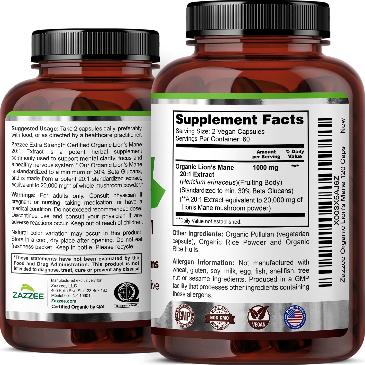 Zazzee Organic Lion's Mane label shows 1000 mg serving size.