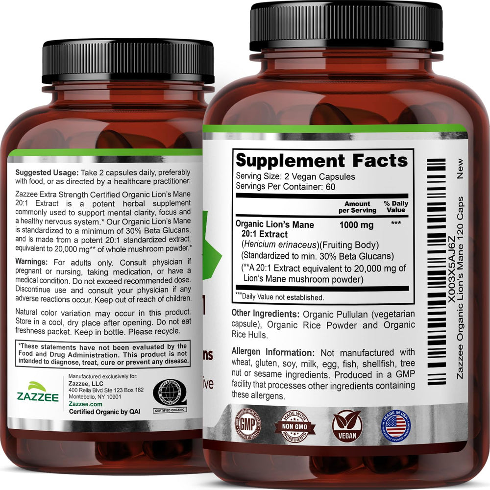 Zazzee Organic Lion's Mane label shows 1000 mg serving size.