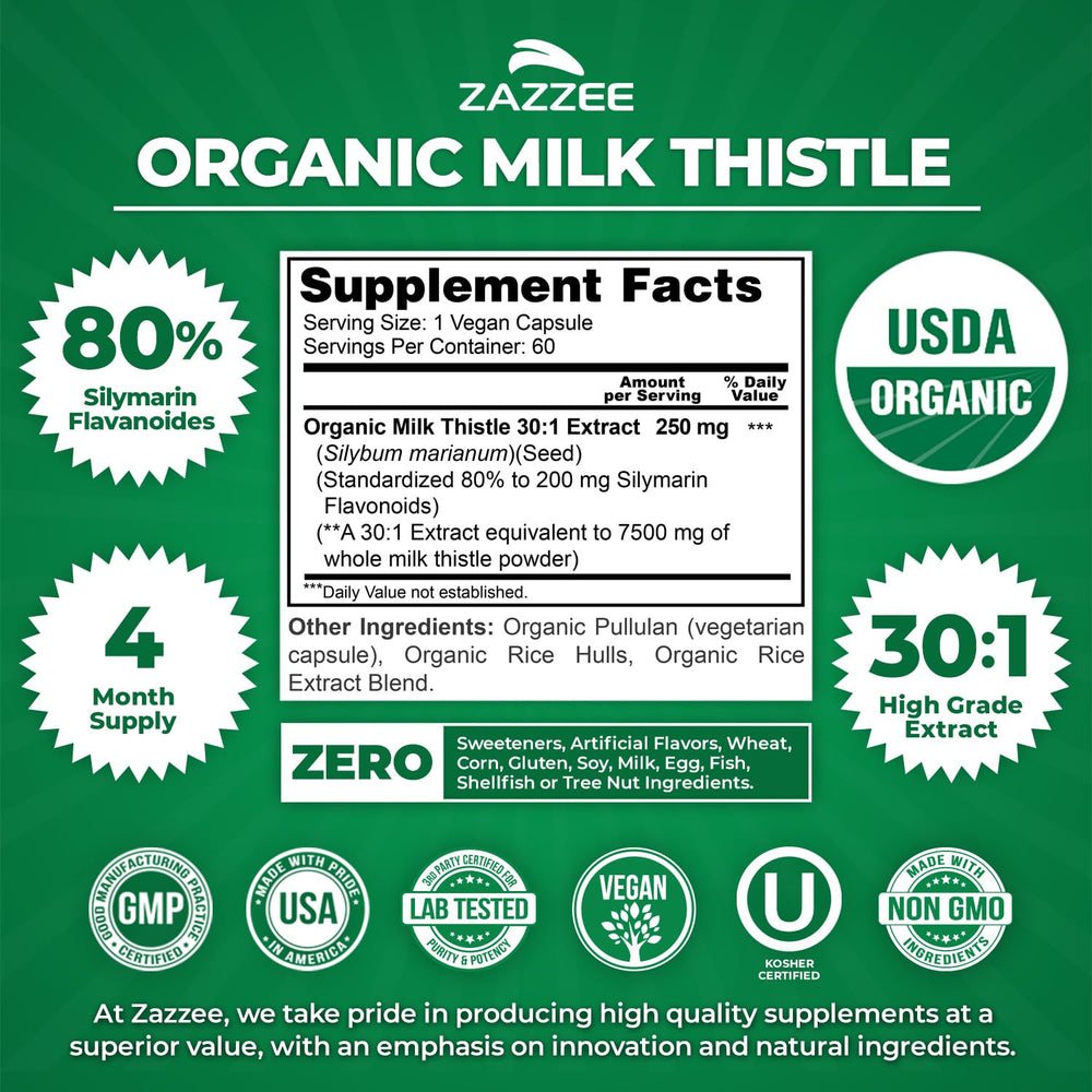 Zazzee Organic Milk Thistle USDA label signals certified organic and non-GMO purity.