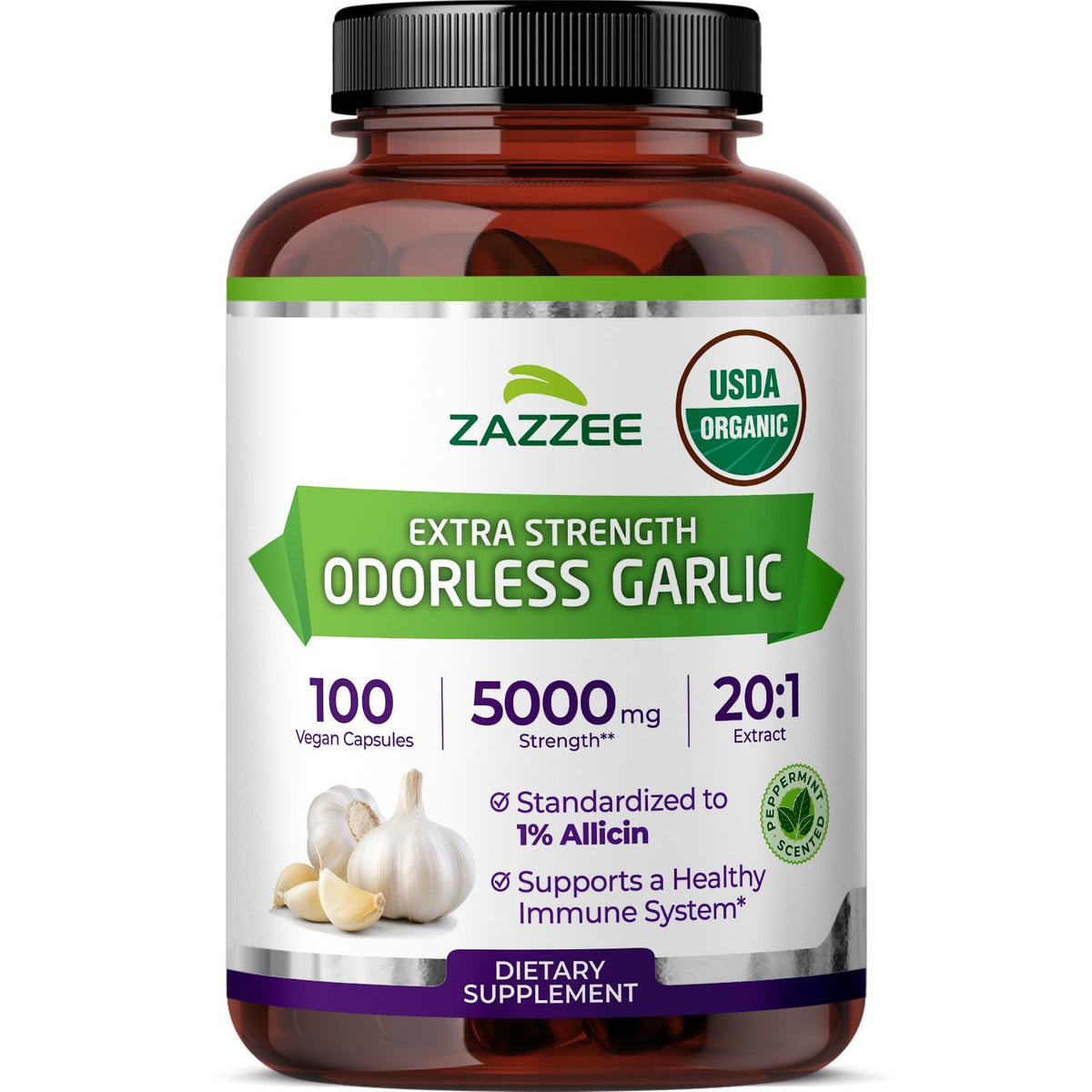 Zazzee Organic Odorless Garlic bottle with 20:1 extract and concise label for easy daily use.