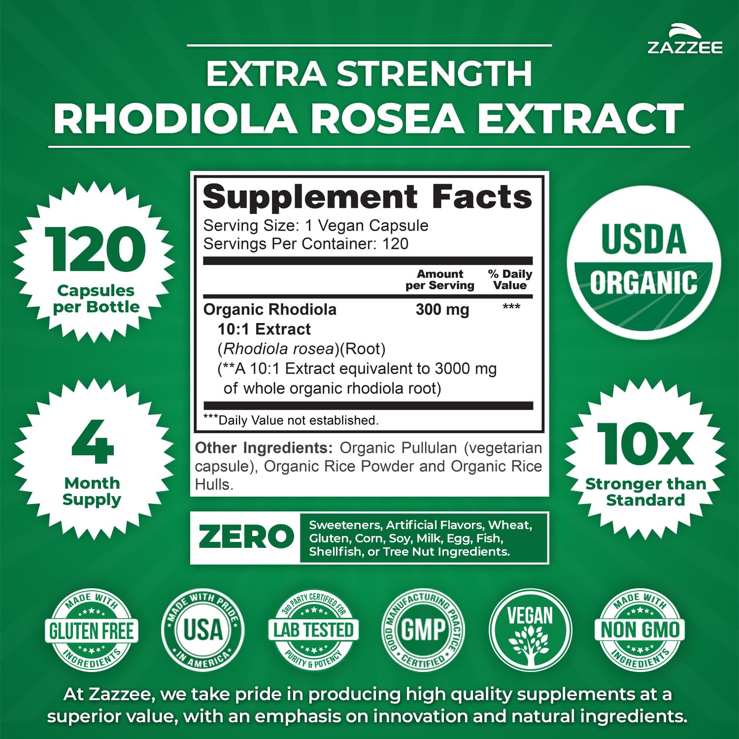 Zazzee Organic Rhodiola label confirms certified organic ingredients
