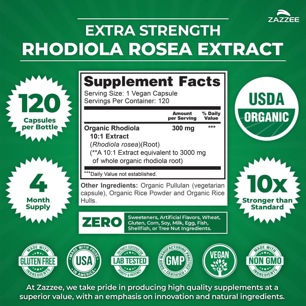 Zazzee Organic Rhodiola label confirms certified organic ingredients
