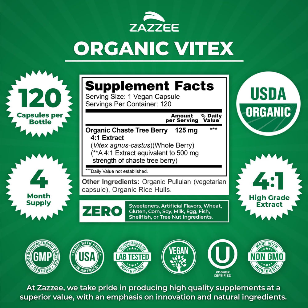Zazzee Vitex 4:1 extract bottle with USDA Organic seal.