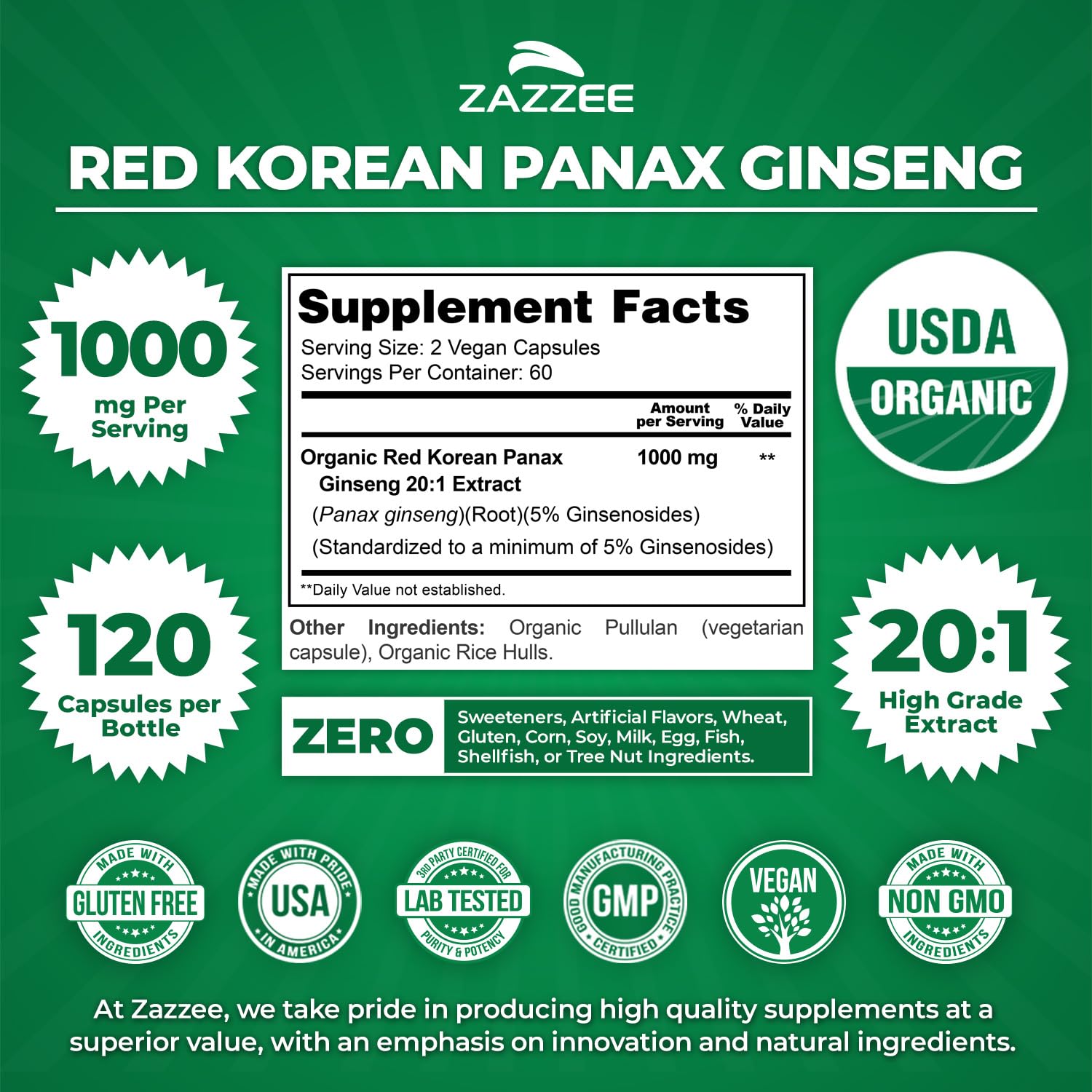 Close-up of Zazzee Panax Ginseng capsules showing 1000 mg per serving.