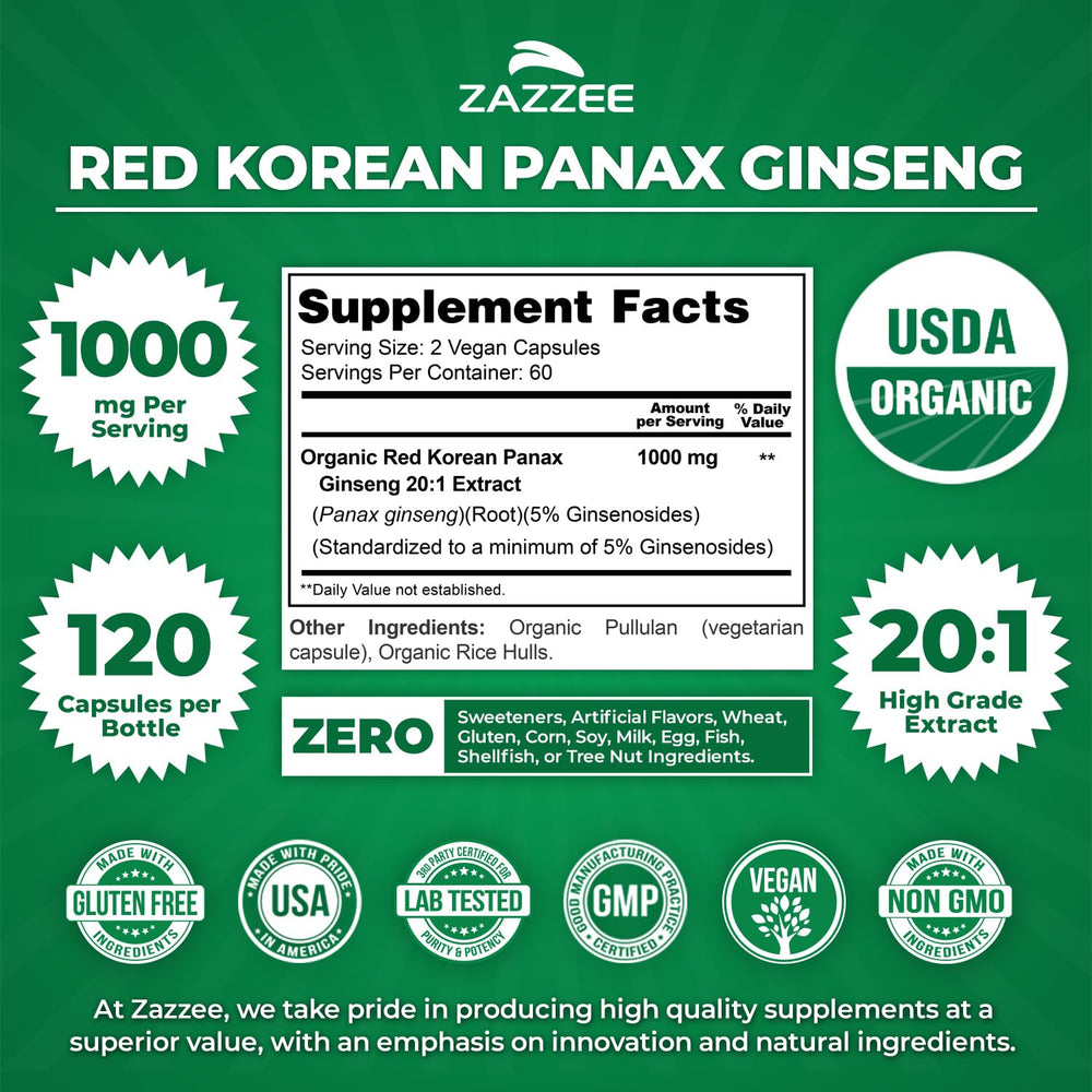 Close-up of Zazzee Panax Ginseng capsules showing 1000 mg per serving.